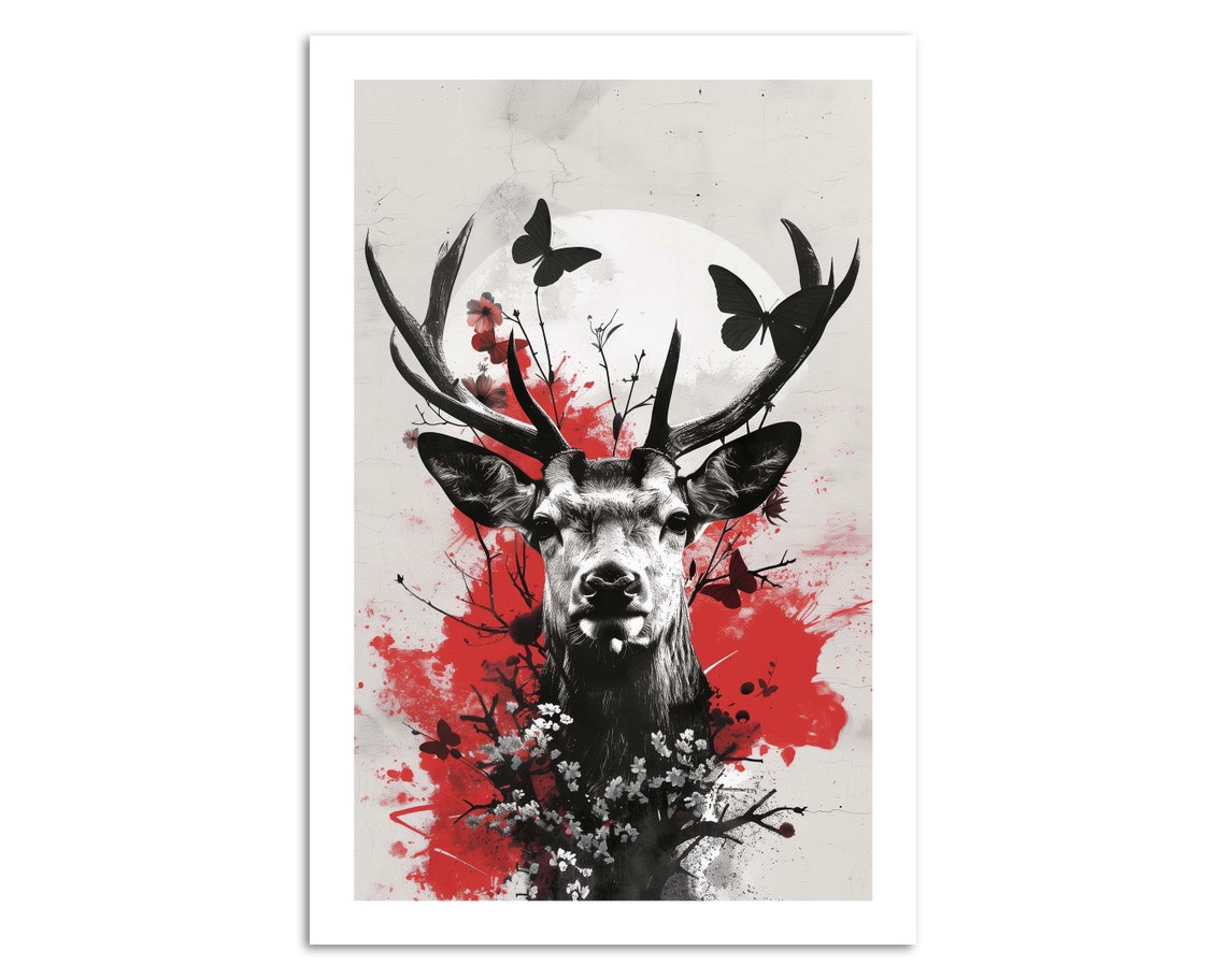 Majestic Stag With Butterflies Red Black Modern Deer Wall Art Print - Image 3