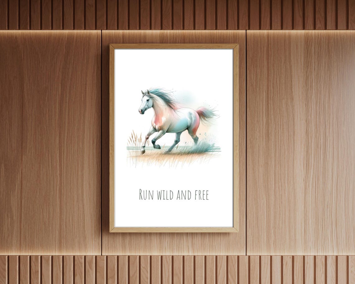Run Wild And Free White Horse Gallop Pastel Watercolor Nursery Poster - Image 2