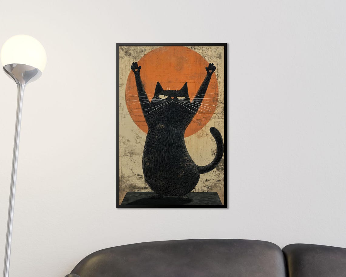 Zen Yoga Cat Stretch Pose Orange Sun Retro Meditation Wall Art - Image 3