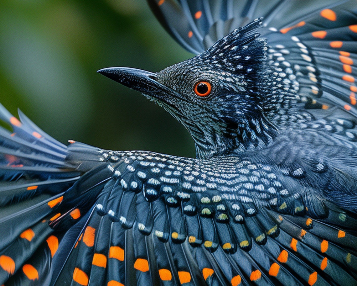 Exotic Spotted Blue Bird In Flight Orange Wings Nature Wall Art Print - Image 5