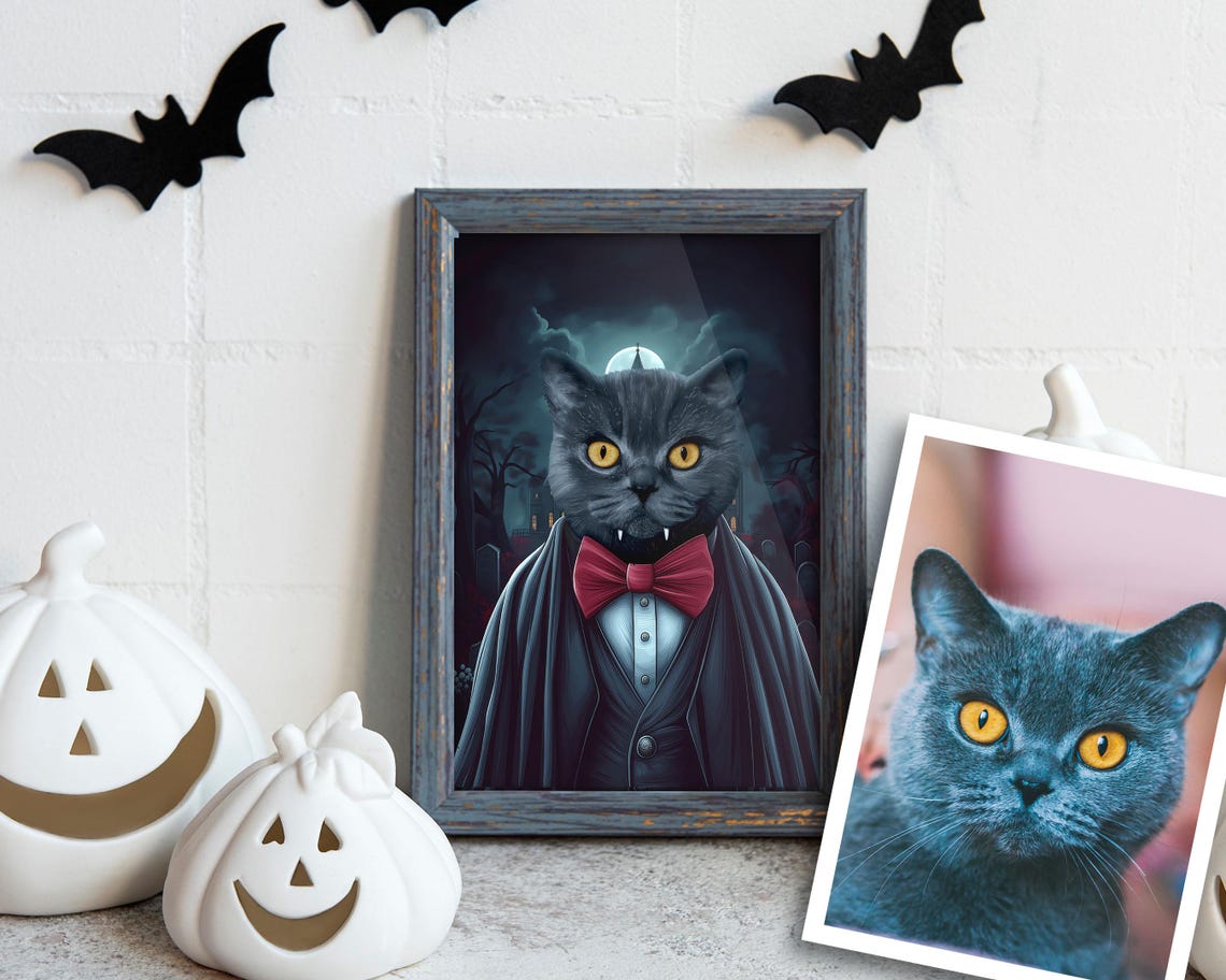 Custom Tabby Cat Dracula Vampire Halloween Pet Portrait Art Poster - Image 5