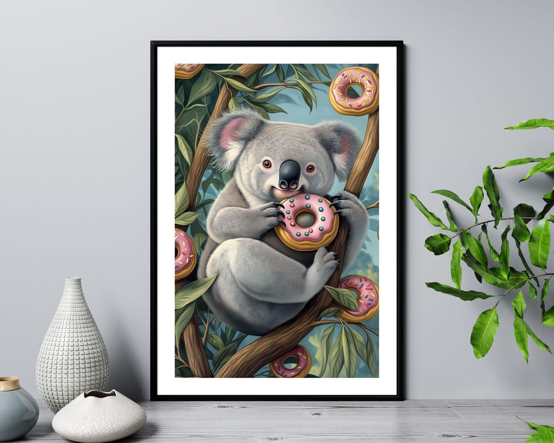 Cute Koala Eating Pink Donut In Tree Whimsical Sweet Art Poster - Image 2