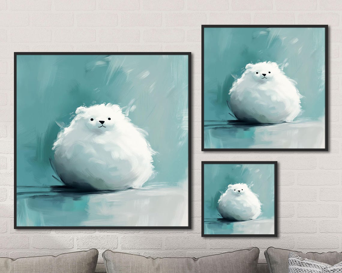 Fluffy White Kitten Puppy Lamb Trio on Teal Set of Three Wall Art - Image 2