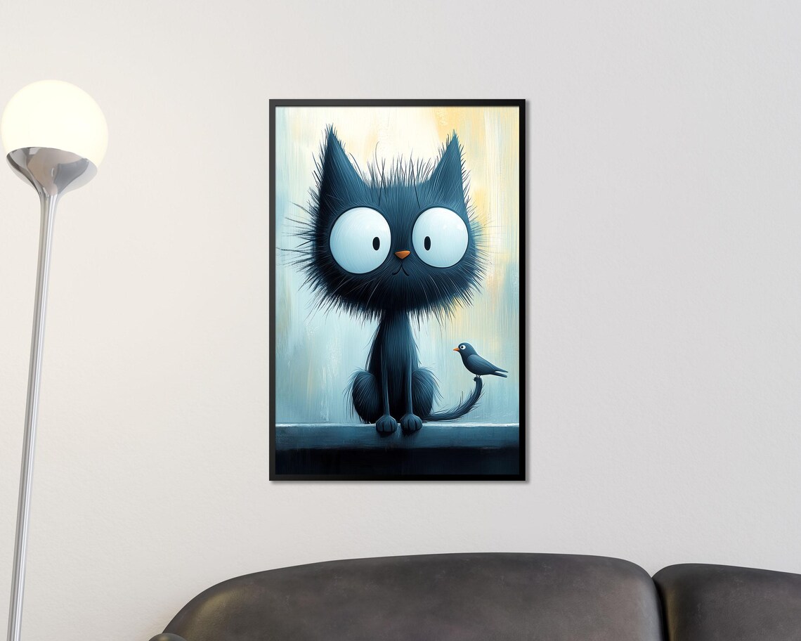 Cute Big Eyed Black Cat with Little Bird on Tail Nursery Wall Art - Image 3
