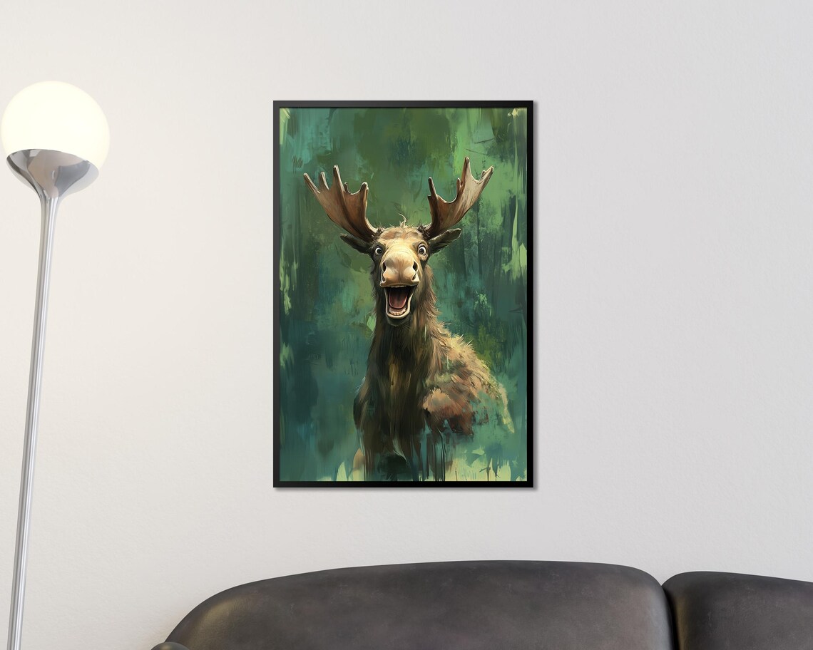 Laughing Moose Happy Wild Forest Animal Painting Green Canvas Poster - Image 3