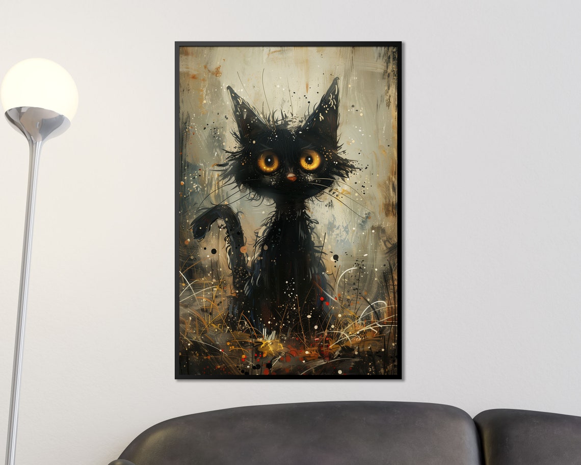 Spooky Black Cat With Golden Eyes Halloween Gothic Feline Art Print - Image 3