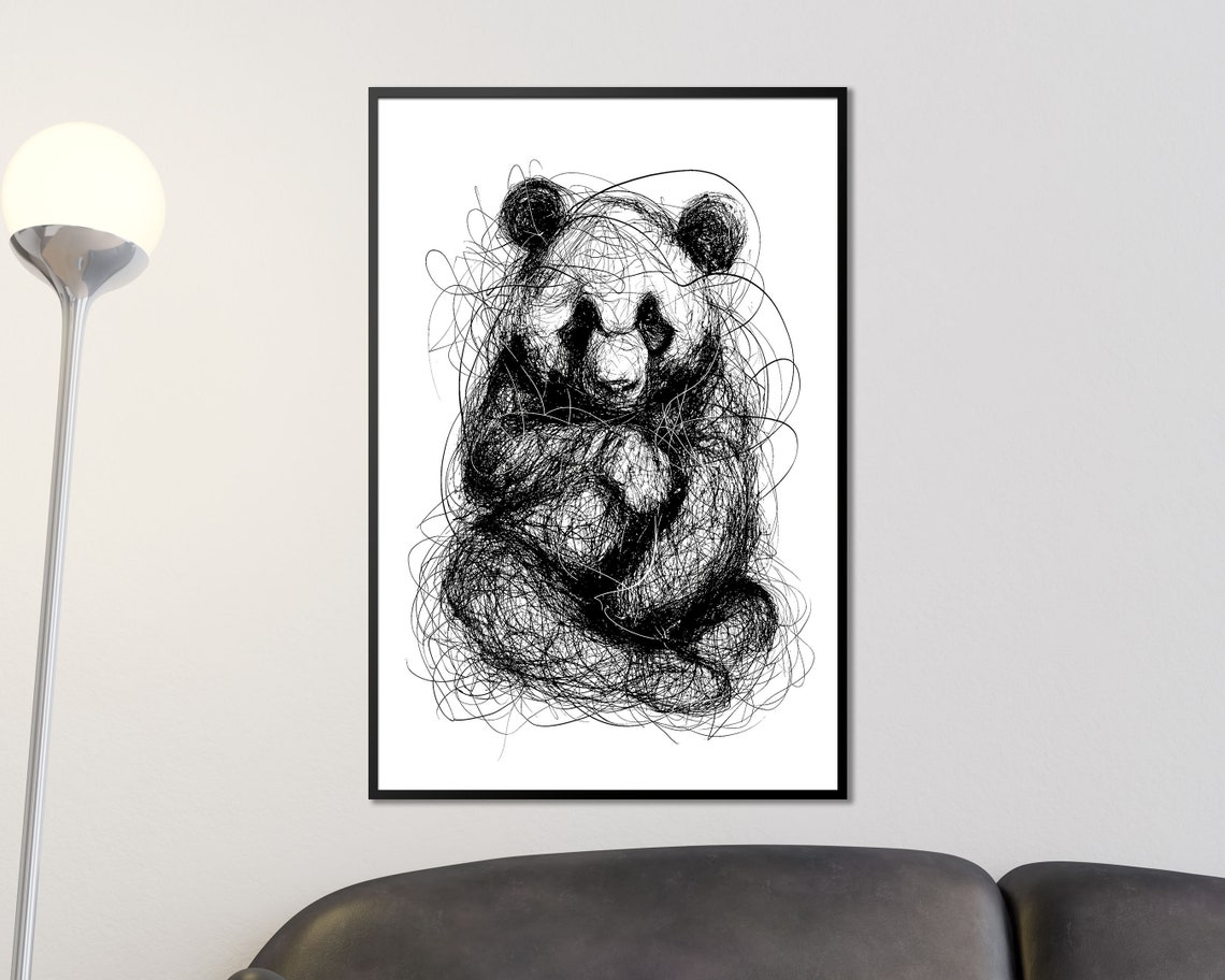 Sitting Giant Panda Scribble Art Black And White Line Drawing Print
