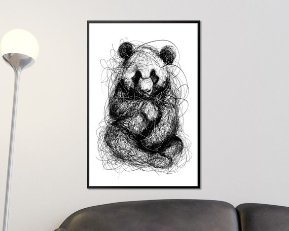 Sitting Giant Panda Scribble Art Black And White Line Drawing Print