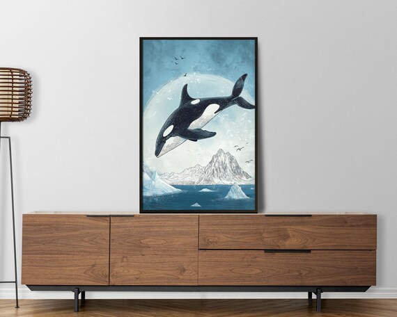 Orca Whale Leaping Over Arctic Ice Moonlit Ocean Illustration Poster