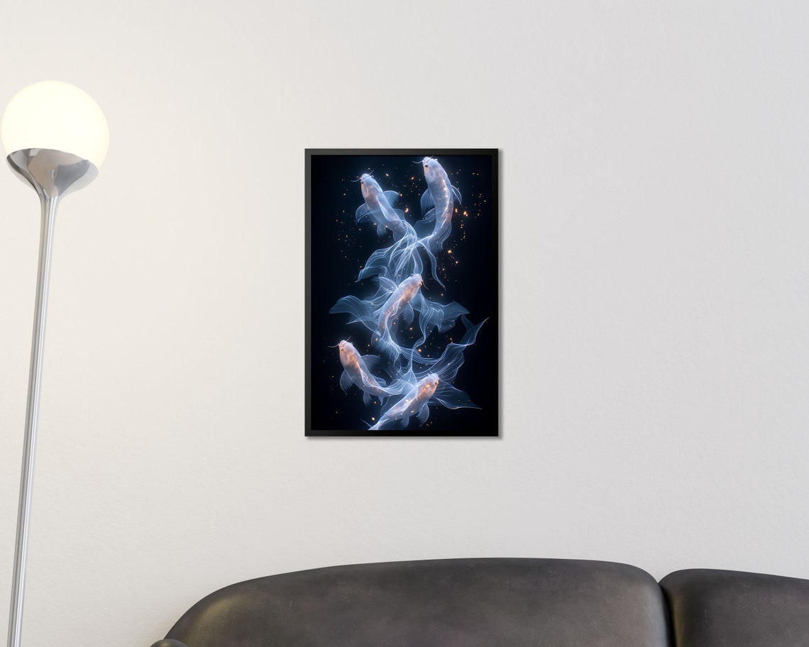 Ethereal White Koi Fish Swimming Black Background Gold Zen Art Print - Image 2