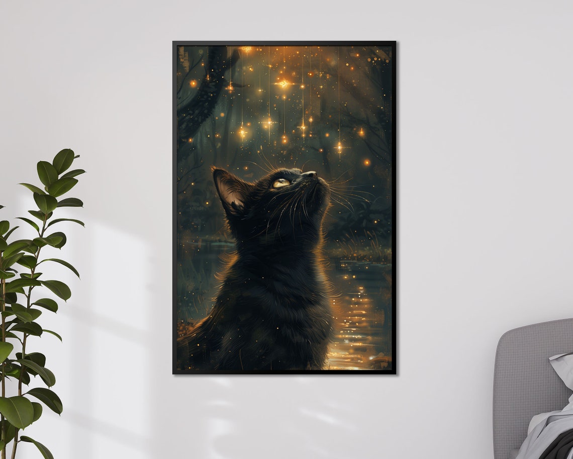 Black Cat Gazing At Fireflies Magical Night Forest Art Poster - Image 4