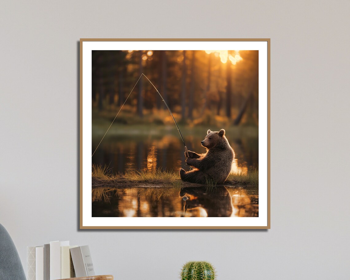 Cute Brown Bear Fishing At Lake Sunset Golden Hour Humorous Animal Poster - Image 5