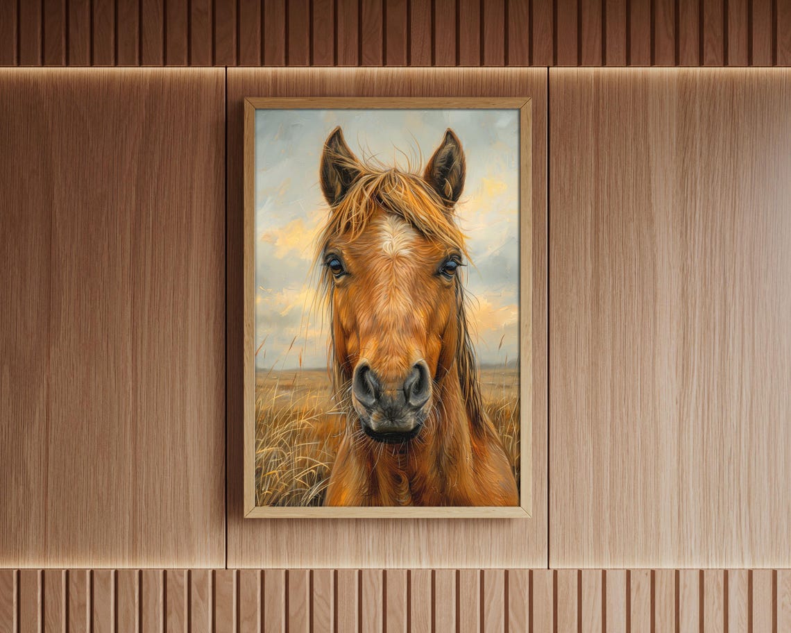 Chestnut Horse Face Portrait Golden Wheat Field Rustic Wall Art - Image 7