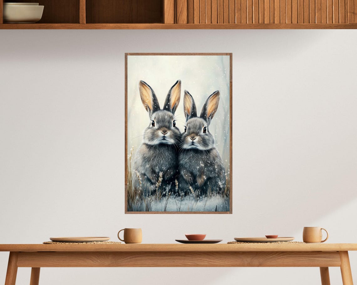 Two Rabbits In Snowfall Winter Bunnies Watercolor Art Poster - Image 3