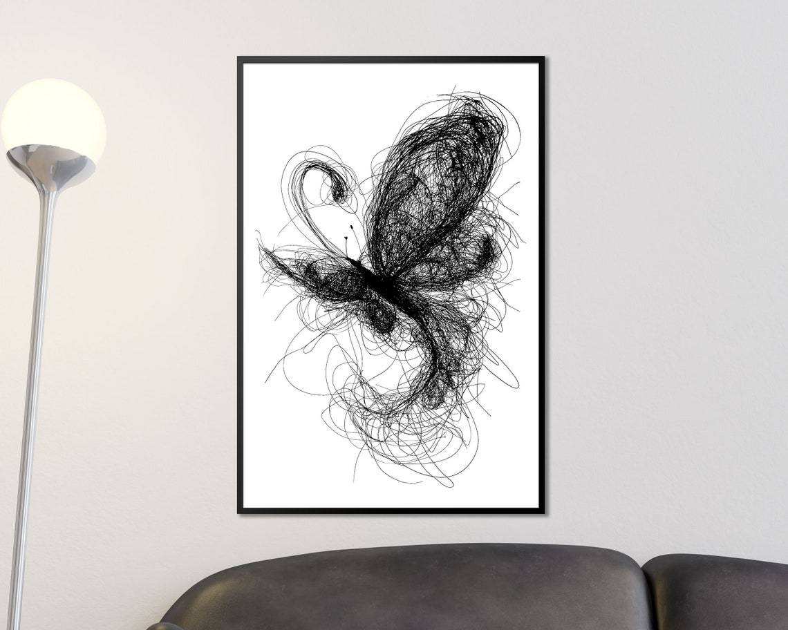 Butterfly Scribble Art Black And White Line Drawing Insect Print - Image 5