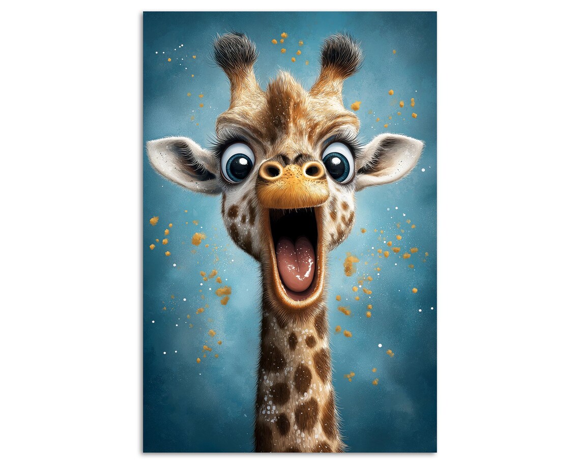 Funny Baby Giraffe Cartoon Big Eyes Blue Nursery Kids Room Art Poster - Image 5