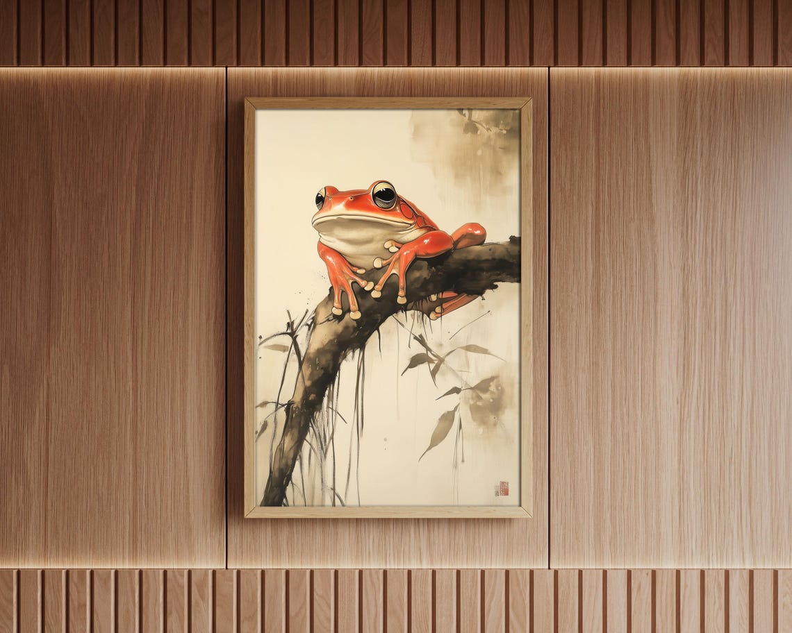 Japanese Sumi E Style Red Frog Resting on Branch Ink Wash Wall Art - Image 6