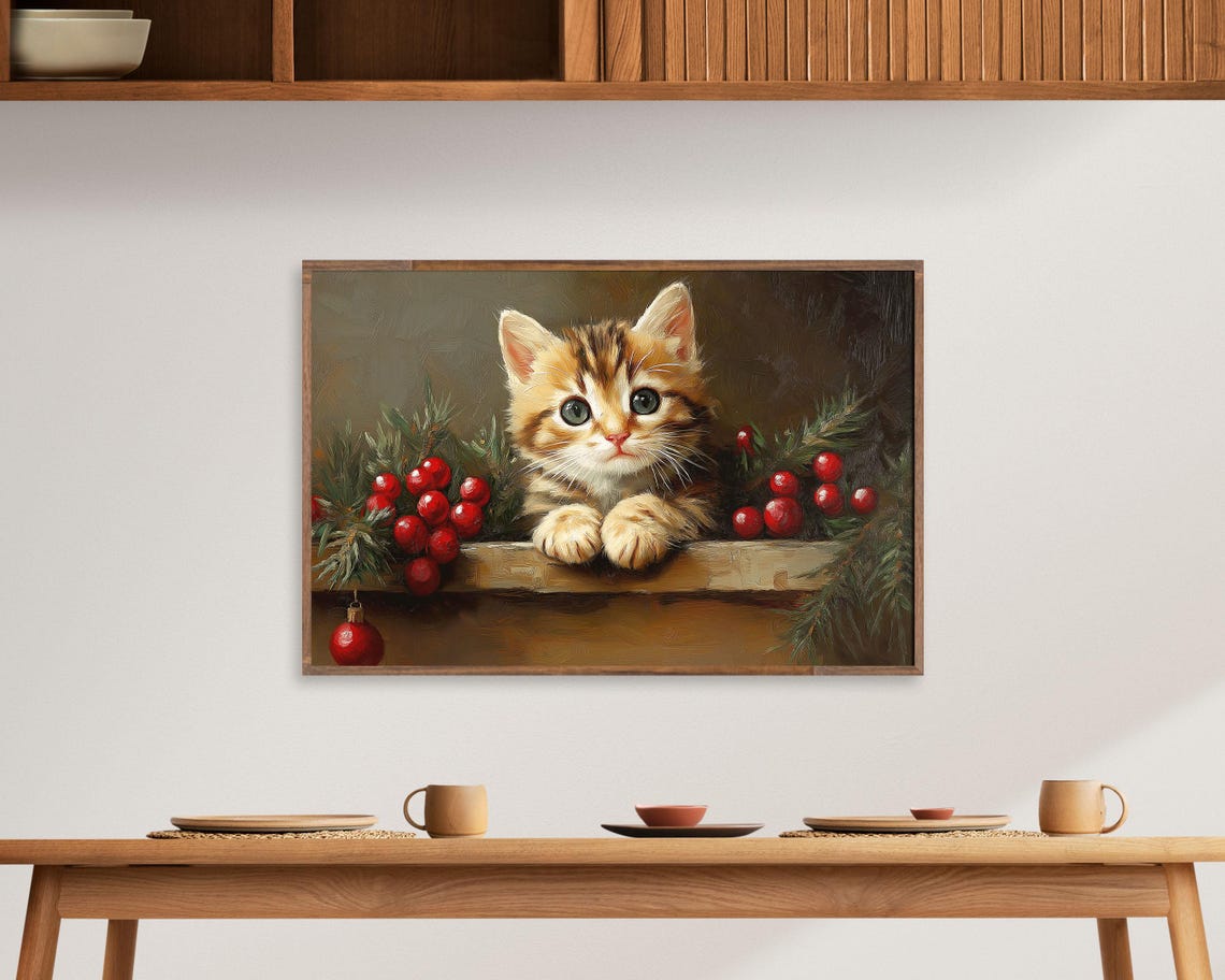 Orange Tabby Kitten With Red Christmas Berries Oil Painting Art Poster