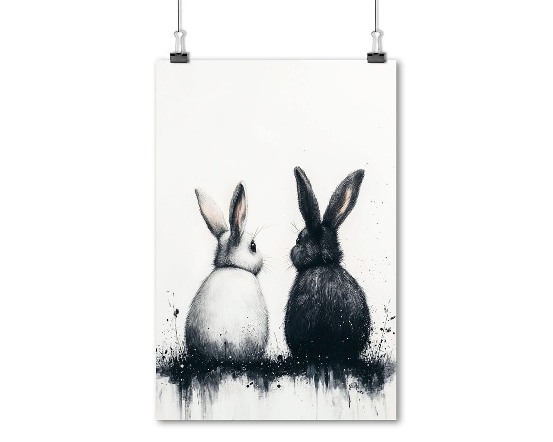 Black And White Bunnies Back To Back Monochrome Rabbit Art Poster - Image 5