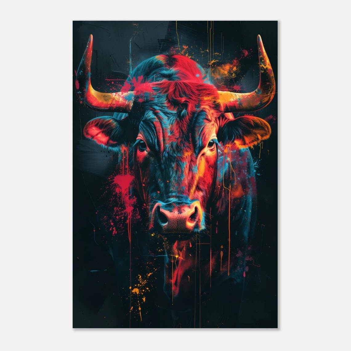 Neon Bull Head Red Blue Paint Splash Abstract Colorful Art Poster - Image 4