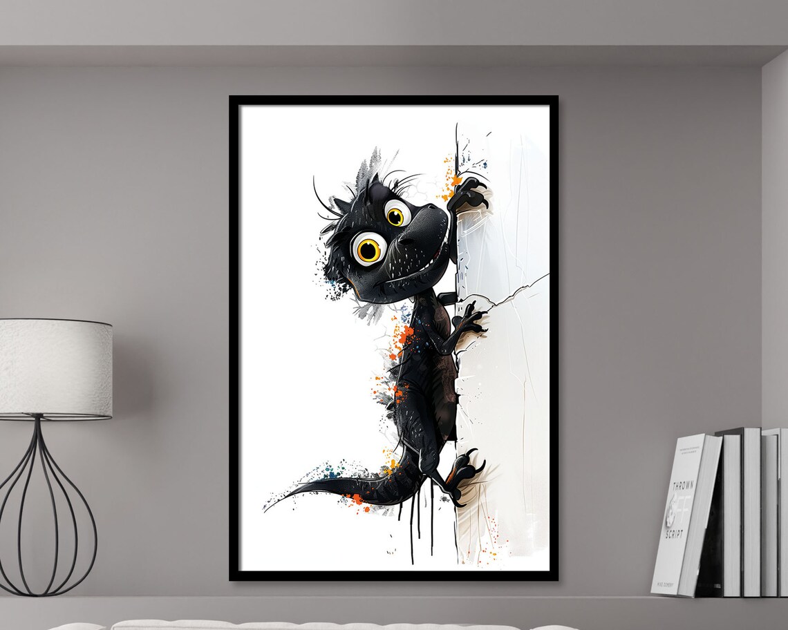 Climbing Critters Dinosaur Funny Vibrant Pet Wall Decor Art Print Abstract Illustration