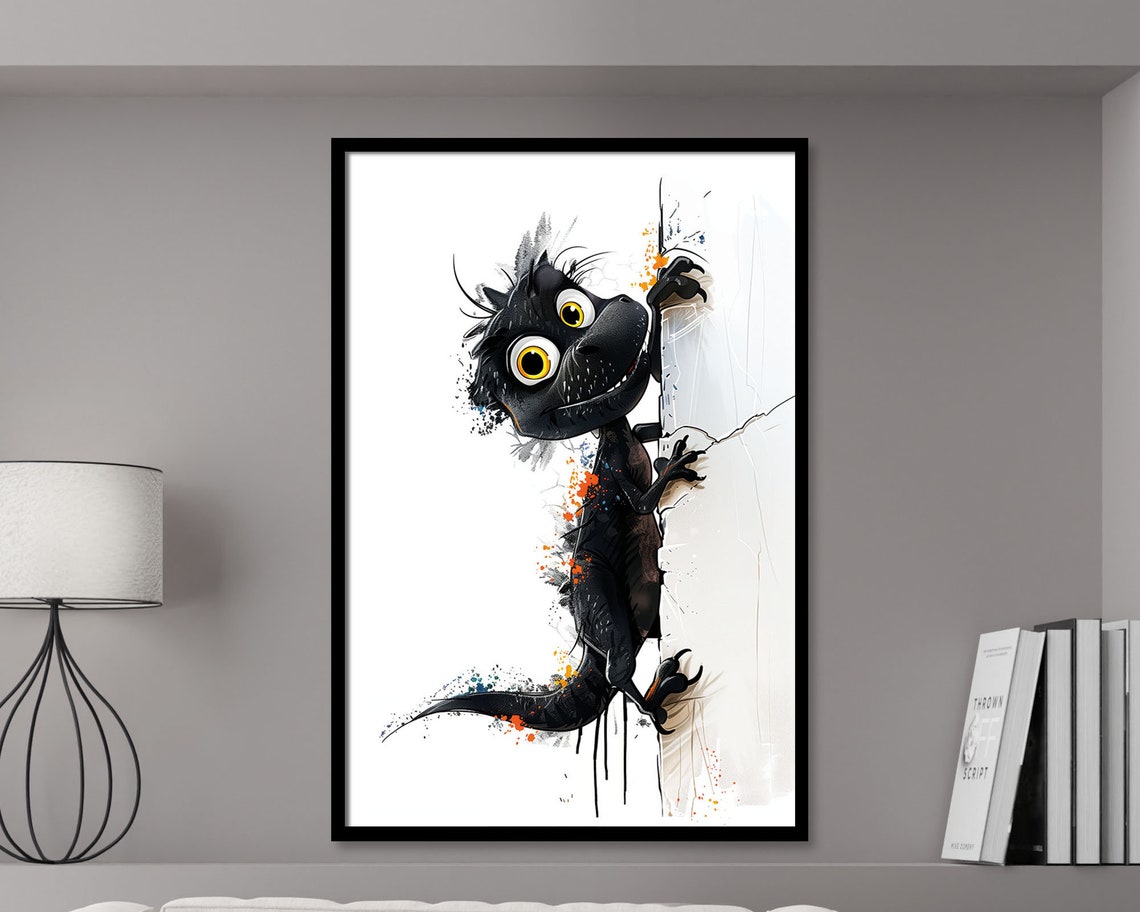 Funny Climbing Dinosaur Cartoon Ink Splatter Playful Kids Room Poster