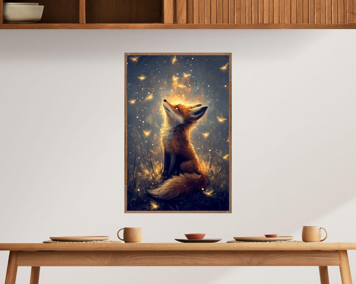 Red Fox Watching Glowing Fireflies Magical Night Forest Wall Art - Image 5