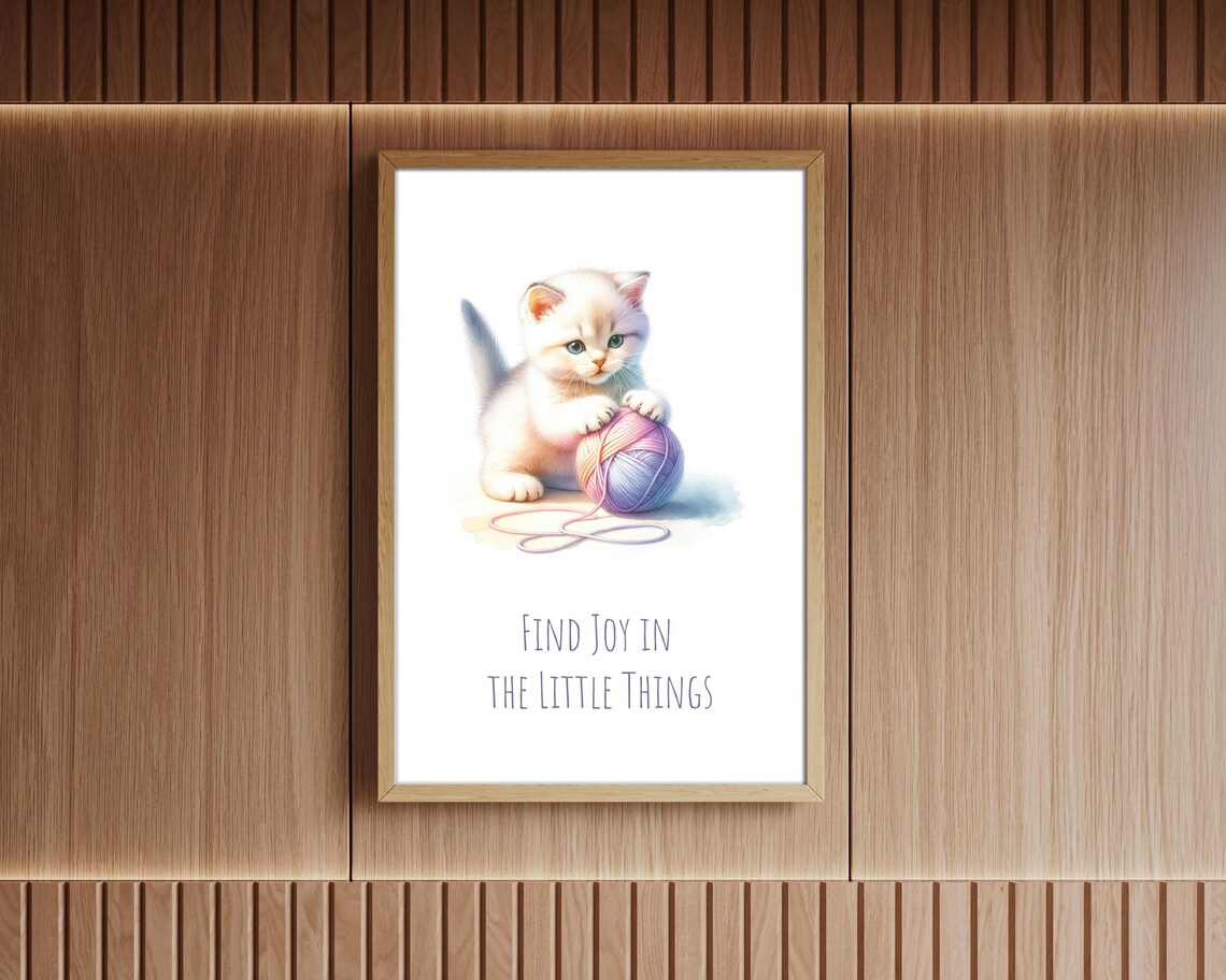 Find Joy In The Little Things White Kitten Yarn Ball Pastel Nursery Poster - Image 2