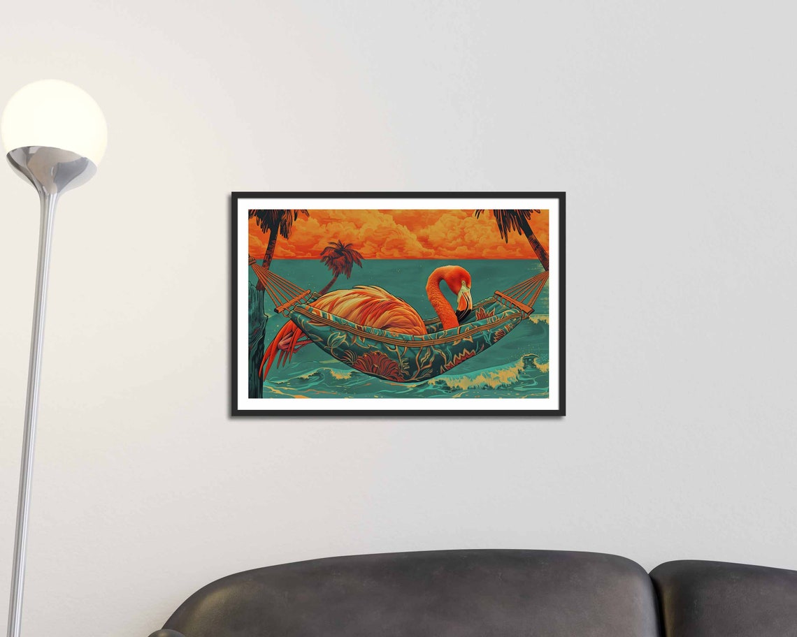 Flamingo Relaxing In Hammock Tropical Sunset Beach Fun Art Poster - Image 2