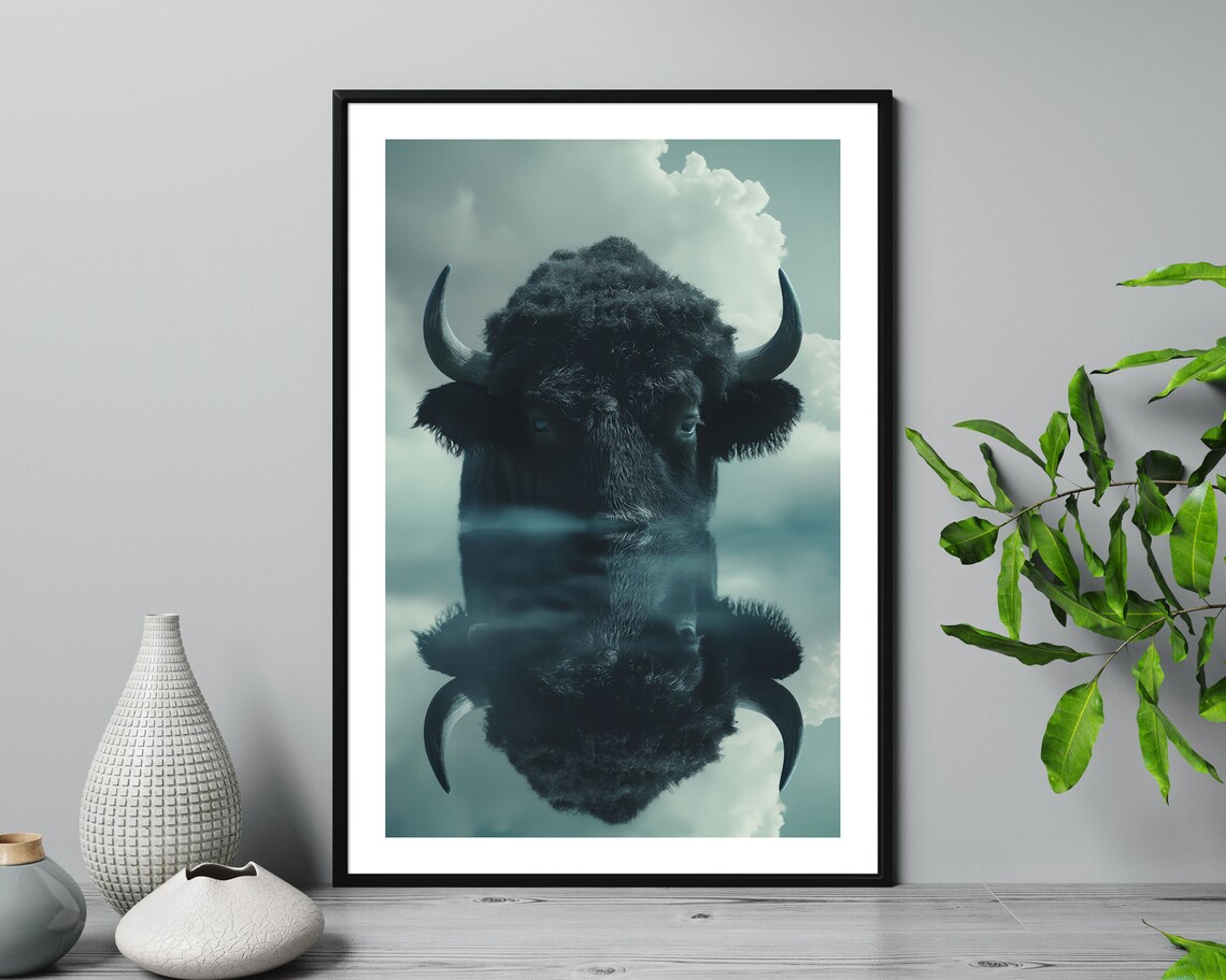 Majestic Bison Buffalo Portrait Water Reflection Double Exposure Poster - Image 4