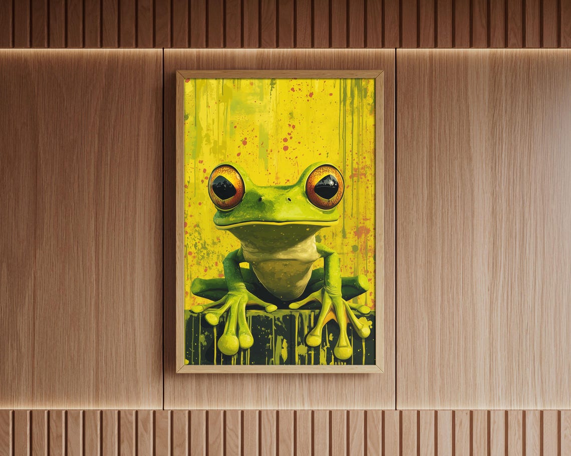 Lime Green Tree Frog Pop Art Style Bright Yellow Splatter Wall Art - Image 6
