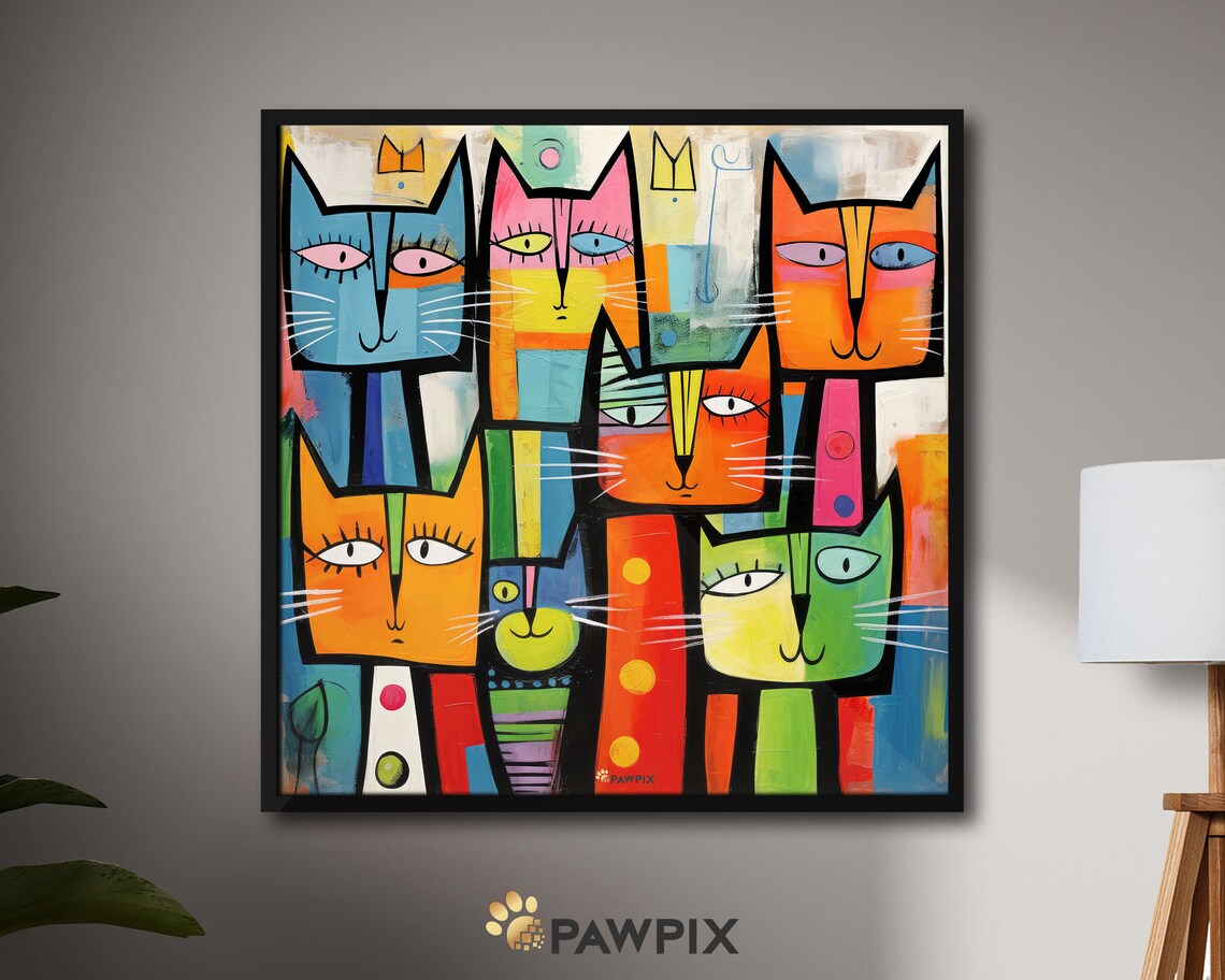 Seven Colorful Abstract Cats Geometric Pop Art Whimsical Feline Wall Art