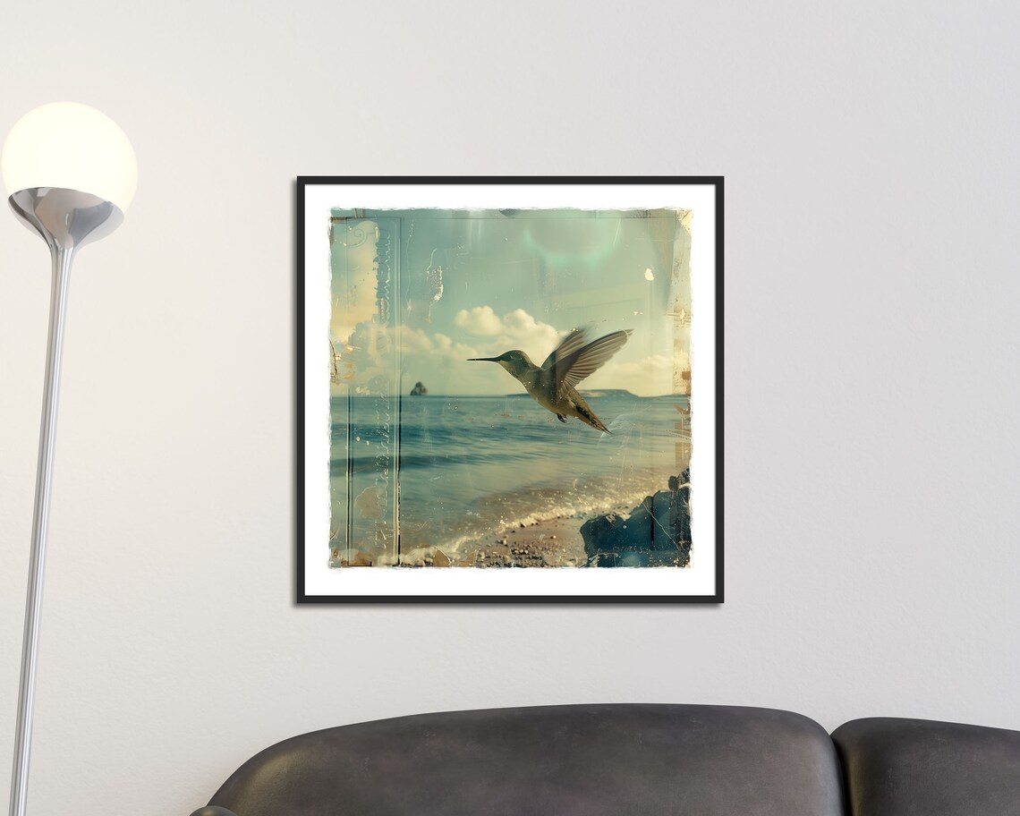 Hummingbird Over Ocean Beach Vintage Coastal Photo Wall Art Print - Image 2
