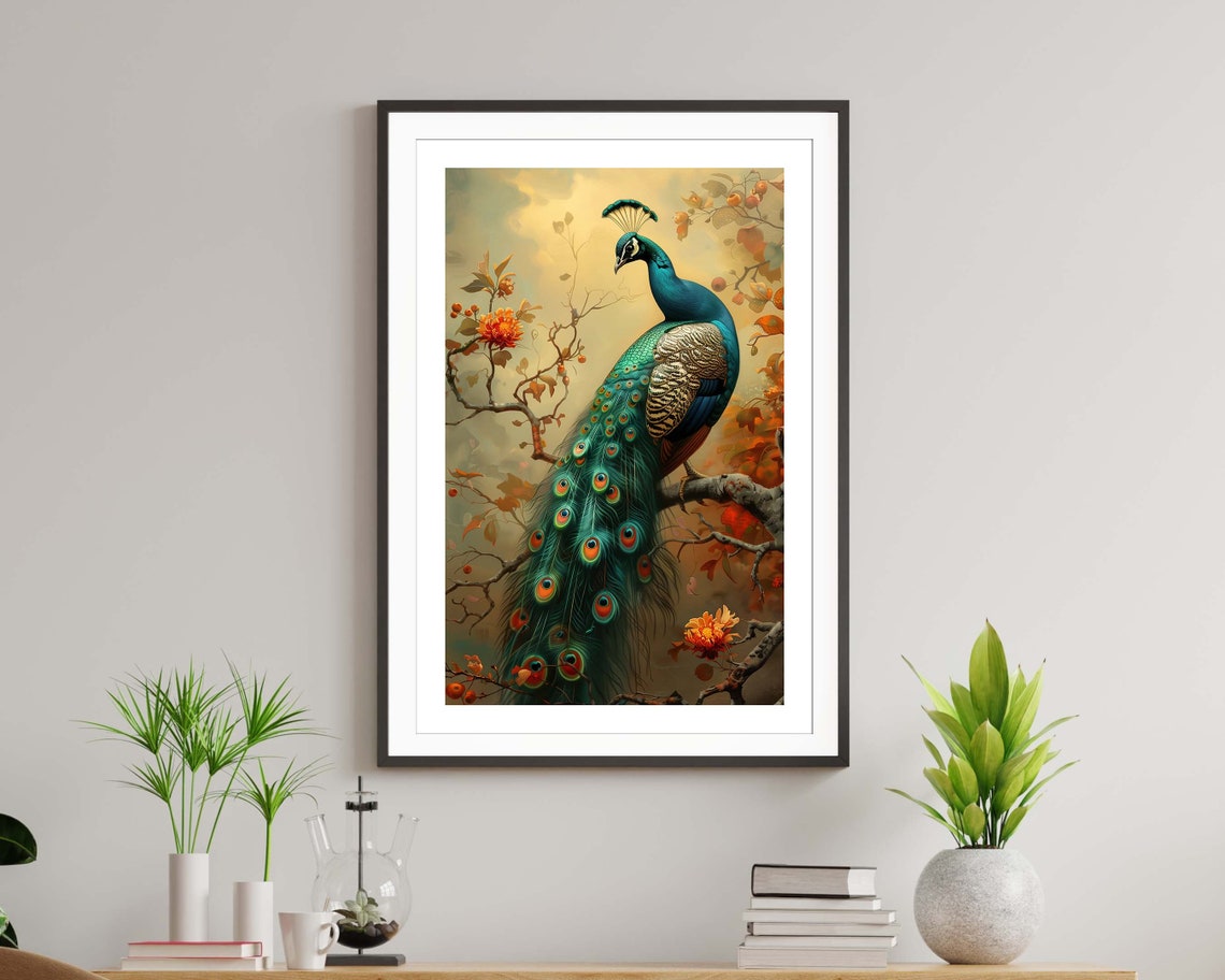 Majestic Peacock Perched On Blooming Branch Autumn Blossom Bird Poster - Image 4