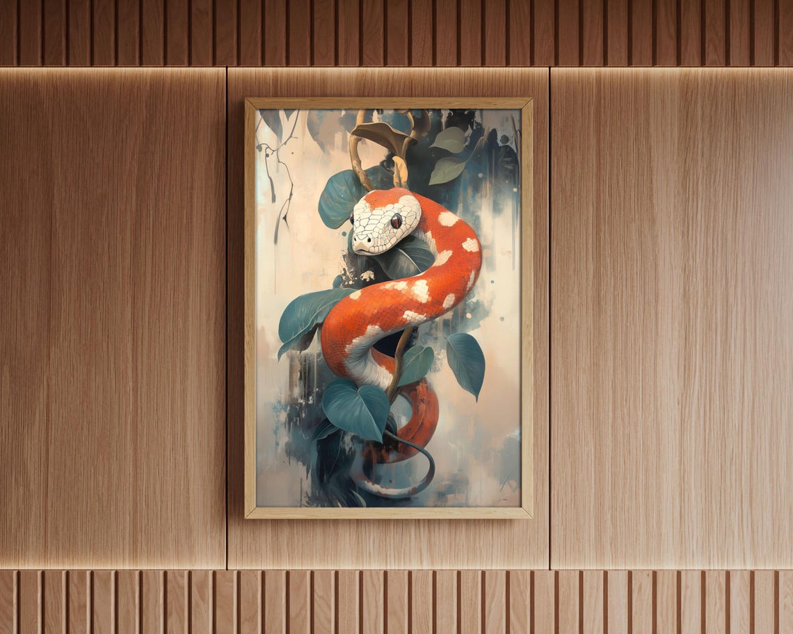 Red Orange Snake Coiled In Leaves Tropical Reptile Art Poster - Image 6