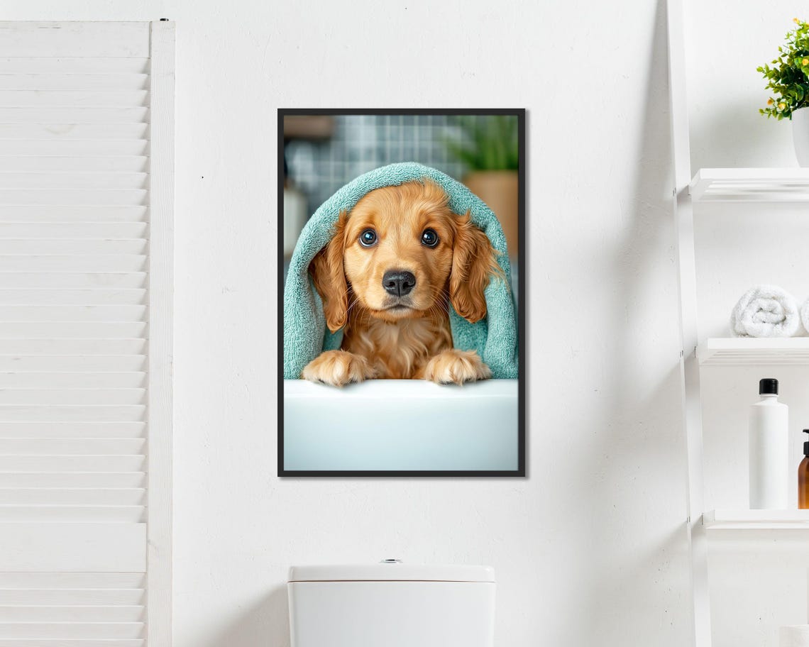 Golden Cocker Spaniel Puppy Bath Time Towel Cute Bathroom Art Poster