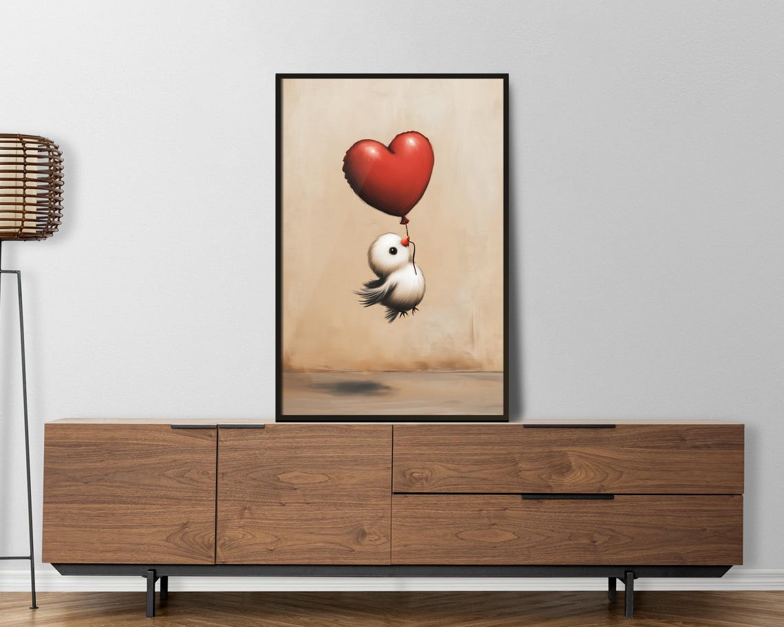 Tiny White Bird Floating with Red Heart Balloon Nursery Wall Art - Image 5