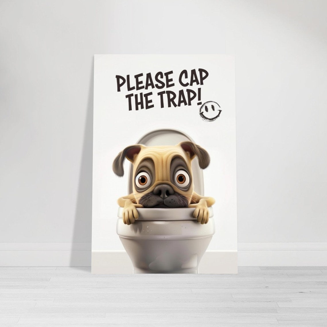 Please Cap The Trap Funny Pug Toilet Humorous Bathroom Wall Art - Image 2