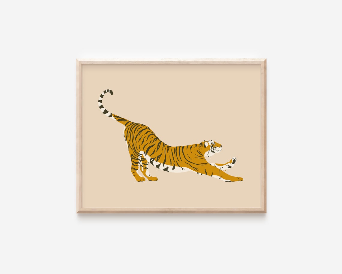 Abstract Stretching Tiger Illustration Beige Playful Safari Poster
