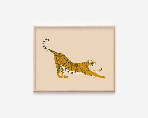 Abstract Stretching Tiger Illustration Beige Playful Safari Poster
