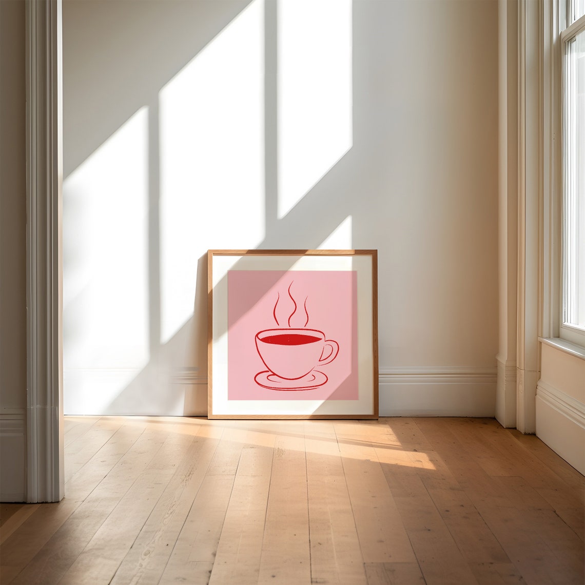Red Line Coffee Cup Steaming Minimalist Kitchen Wall Decor Poster - Image 2