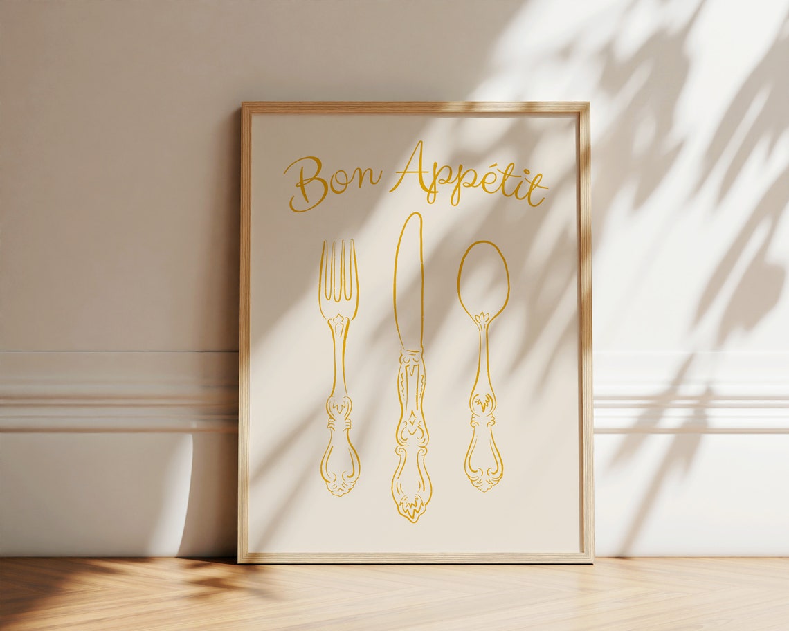 Bon Appetit Gold Script Fork Knife Spoon Elegant Kitchen Wall Poster