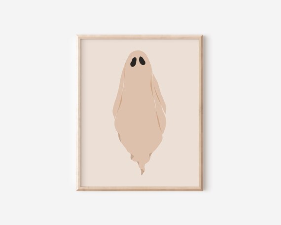 Cute Minimalist Beige Ghost Spooky Halloween Illustration Wall Art