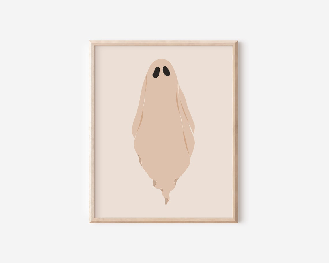 Cute Minimalist Beige Ghost Spooky Halloween Illustration Wall Art