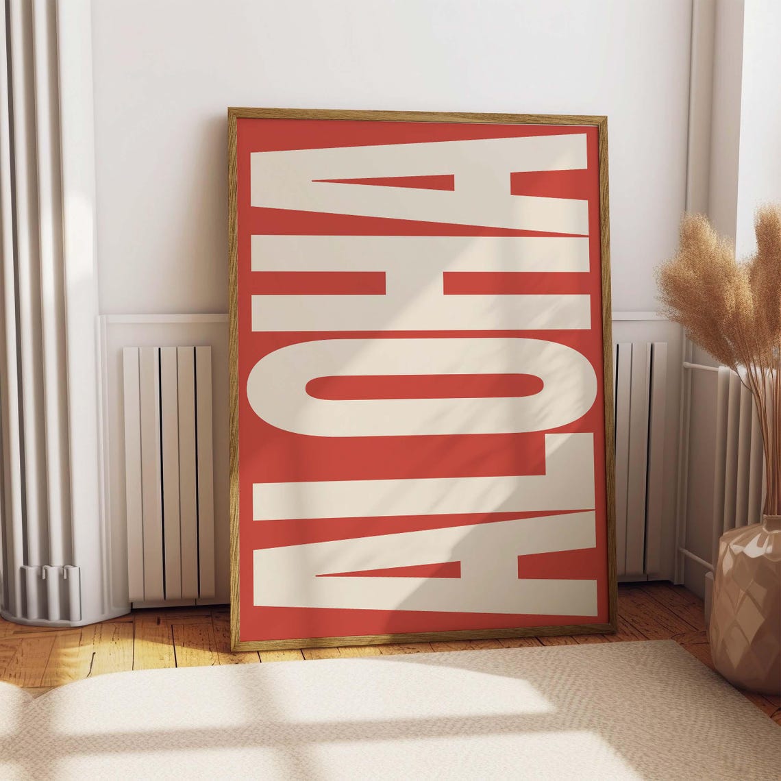 Aloha Cherry Red Background Cream Block Letter Retro Island Poster