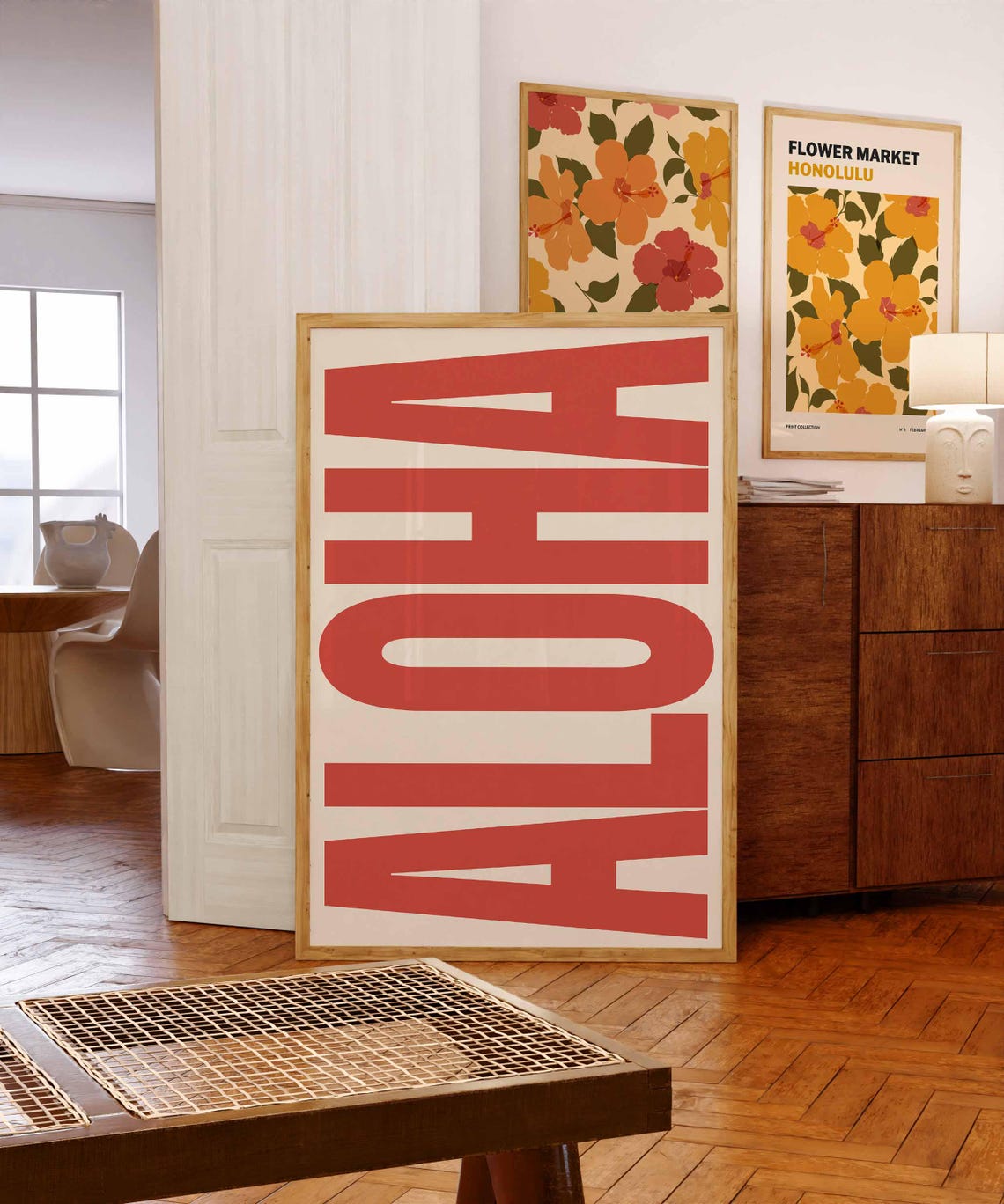 Aloha Coral Red Block Letters Cream Retro Hawaiian Greeting Poster
