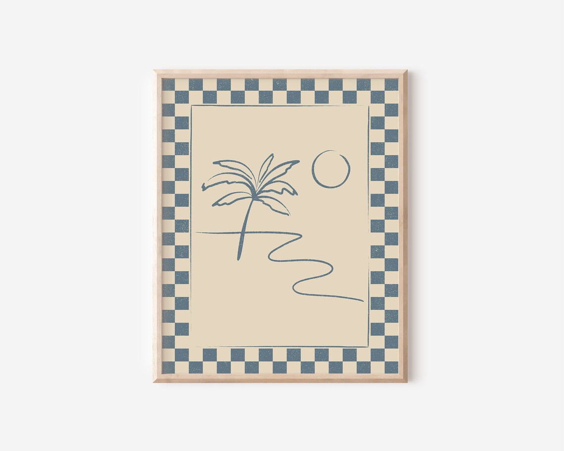 Palm Tree Beach Scene Line Art Print, Boho Coastal