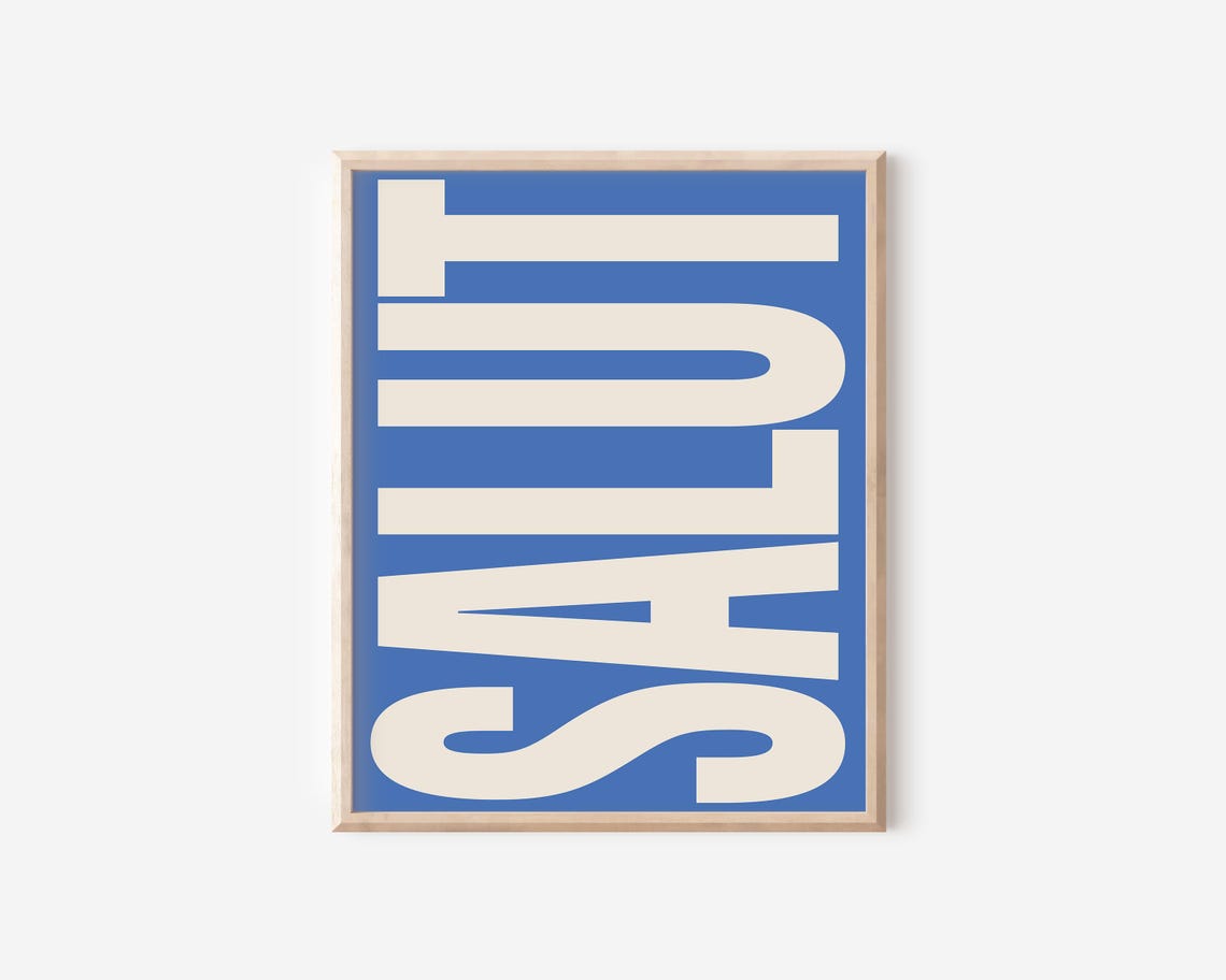 Salut Bold Cream on Blue French Greeting Typography Wall Decor Poster - Image 2