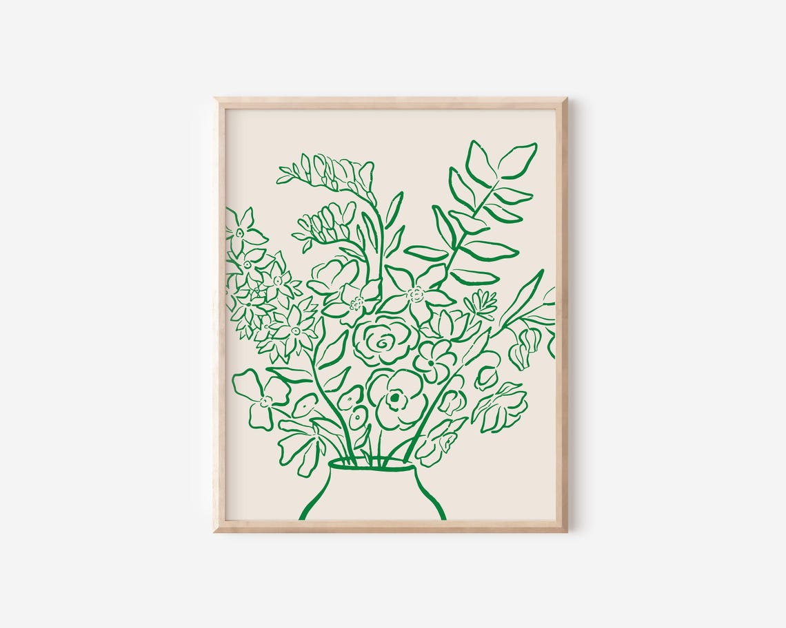 Green Flower Bouquet Vase Line Art Minimalist Botanical Poster