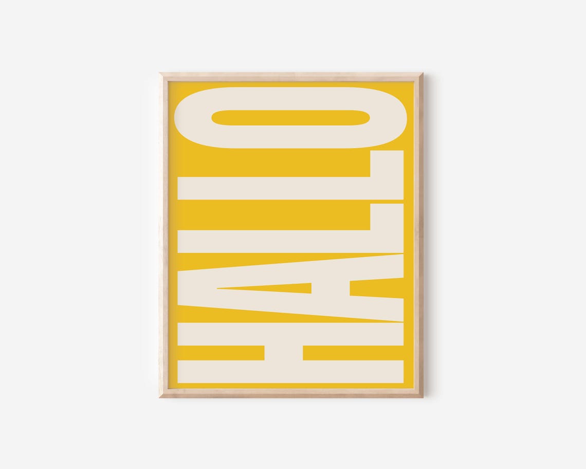 Hallo Bold Retro German Greeting Typography Mustard Wall Poster
